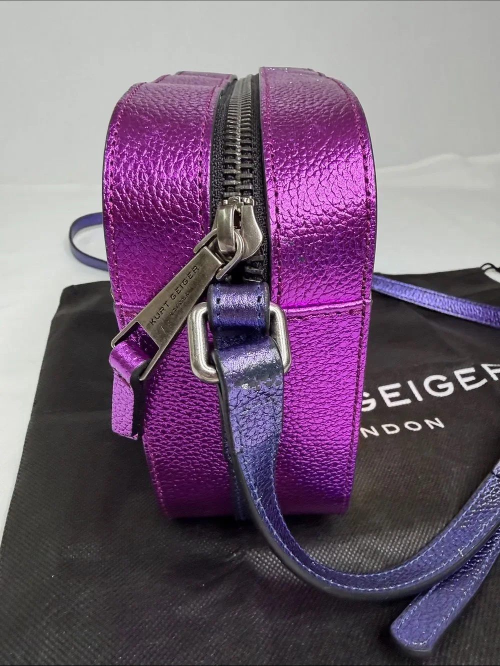 Kurt Geiger Rainbow Diagonal Stripe Leather Crossbody with Purple Strap